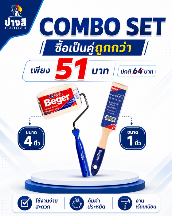 ลูกกลิ้งทาสีเบเยอร์ 1 อัน ลูกกลิ้ง ขนาด 4 นิ้ว +แปรงทาสีเบเยอร์ 1 อัน ขนาด 1 นิ้ว